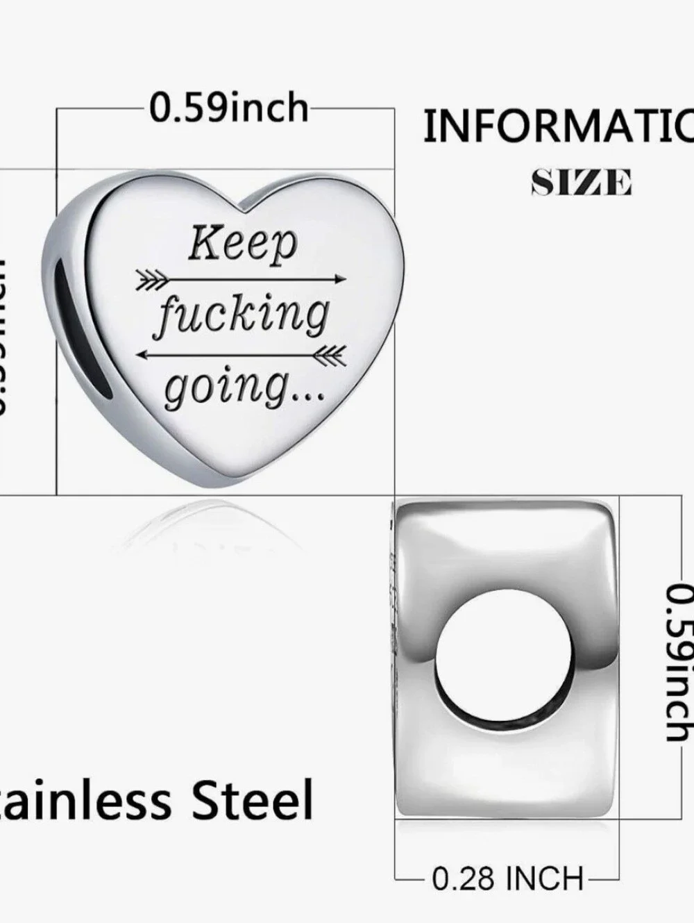 Heart-Shaped Silver Motivational Charm - Keep Going